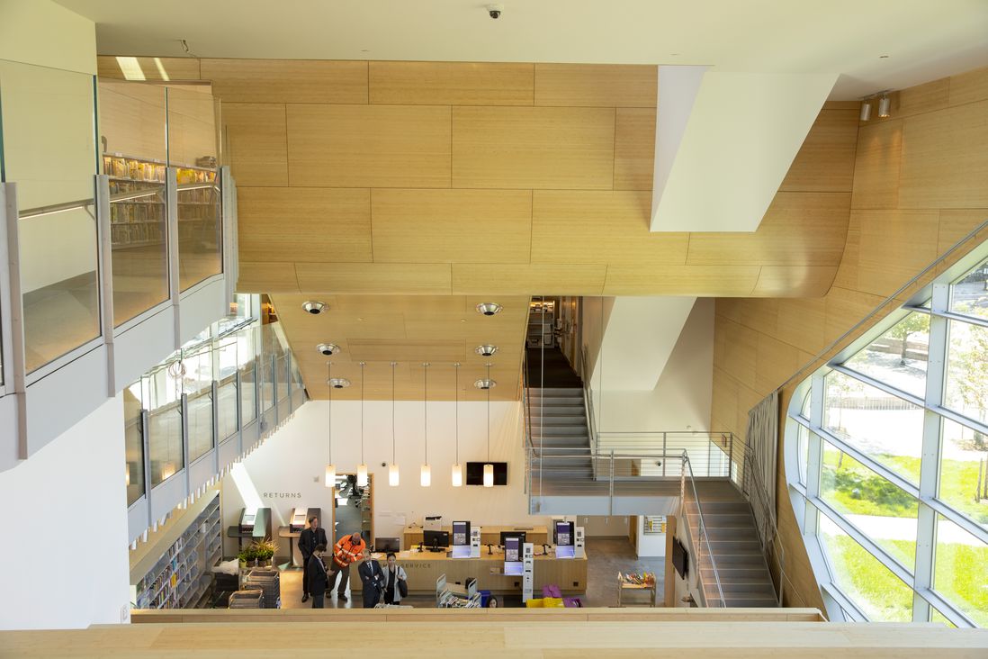 A view of the circulation desk from above.